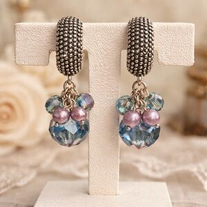 💎 Vintage Napier Clip-On Earrings ✨ Blue Crystal & Pearl Dangle Statement 💙